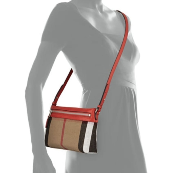 BURBERRY Check Canvas Crossbody Cadmium Farley Red Bag - Picture 5 of 11